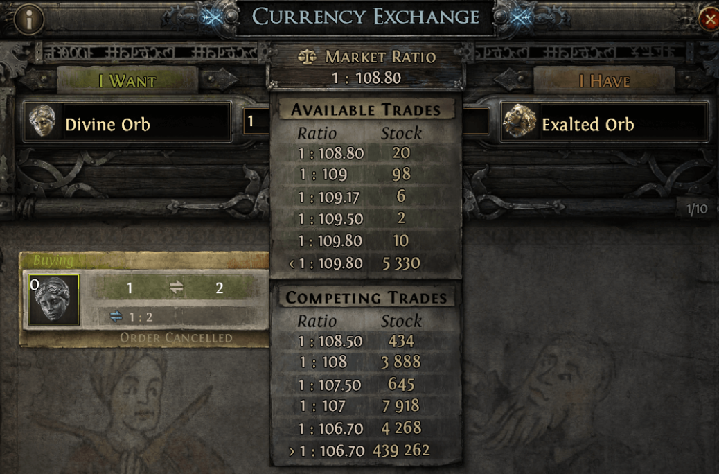Step 1: Select currencies in the game's currency exchange window.